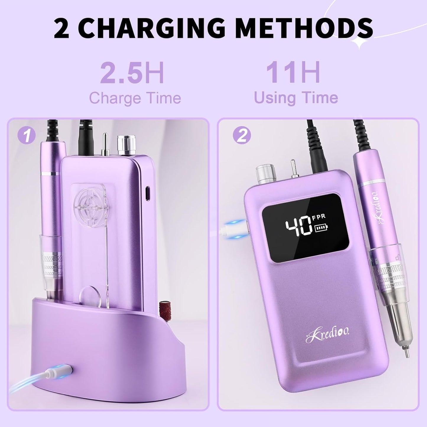 Kredioo Professional Nail Drill Brushless 40,000RPM Rechargeable 2-in-1 Portable Electric Nail File Ultra Silent Salon Must Haves Nail Tool Kit Removing Acylic Gels-Purple