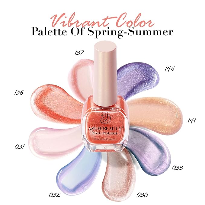 AZUREBEAUTY Pearl Shine Iridescent Shimmer Purple Violet Nude Coral Glitter Orange 8 Colors Nail Polish Set, Quick Dry, Perfect for Women Manicure Nail Art DIY Salon