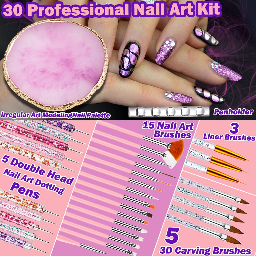 Nail Art Tools 30Pcs Set,Nail Art Pens Brush Resin Nail Art Palette,Nail Dotting Tools, Striping Nail Art Brushes for Long Lines,Nail Drawing Pen Dotting Pen Tools Nail Art Kit for Nail Art DIY