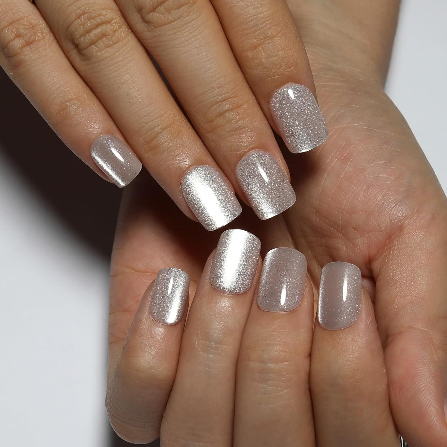 Nude Press On Nails Square, Cat Eye Press On Nails Short Fake Nails with Color-Shifting Glow, Reusable Stick On Nails, 15 Sizes - 30 Nail Kit with Glue, Natural Glue On Nail for Women, Silken Glow