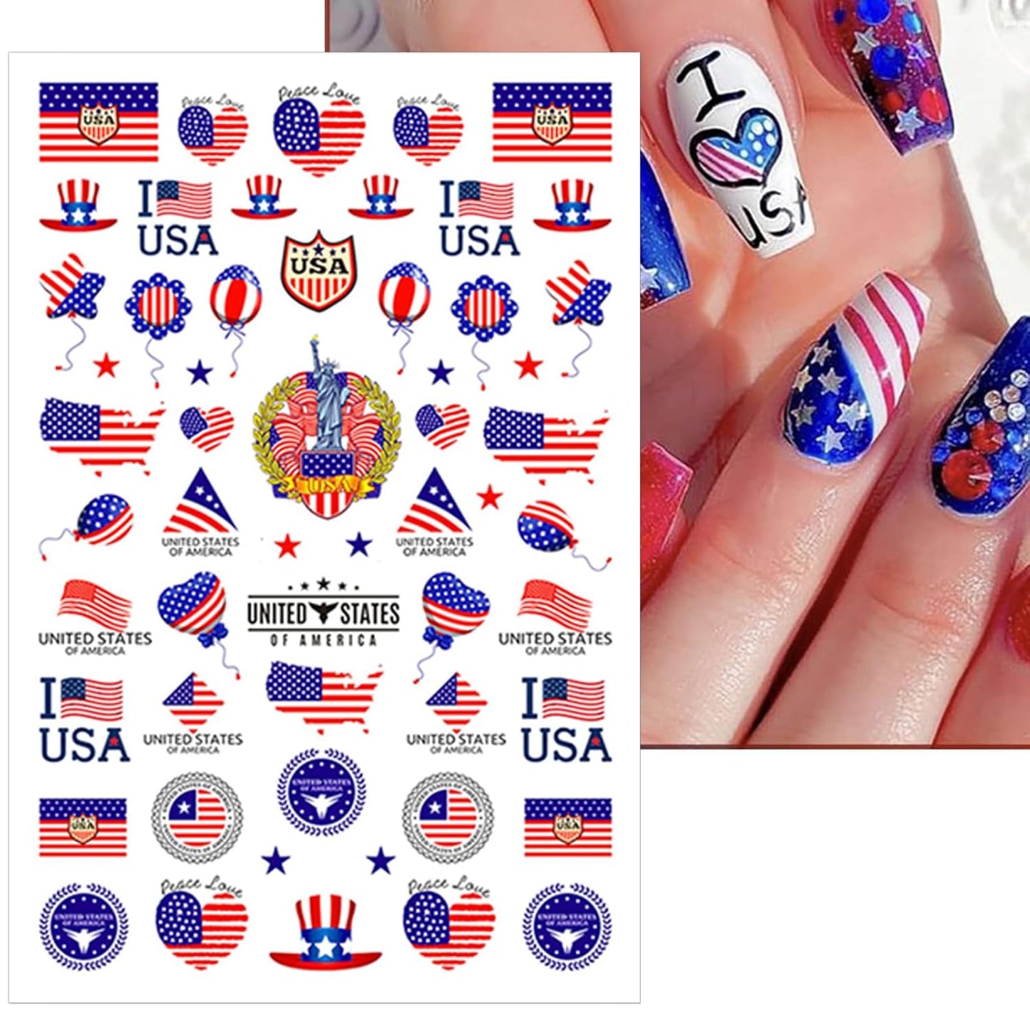 8 Sheets 4th of July Nail Stickers, Independence Day Patriotic Nail Decals, 3D Design Self-Adhesive Memorial Day USA Flag Star Nail Art