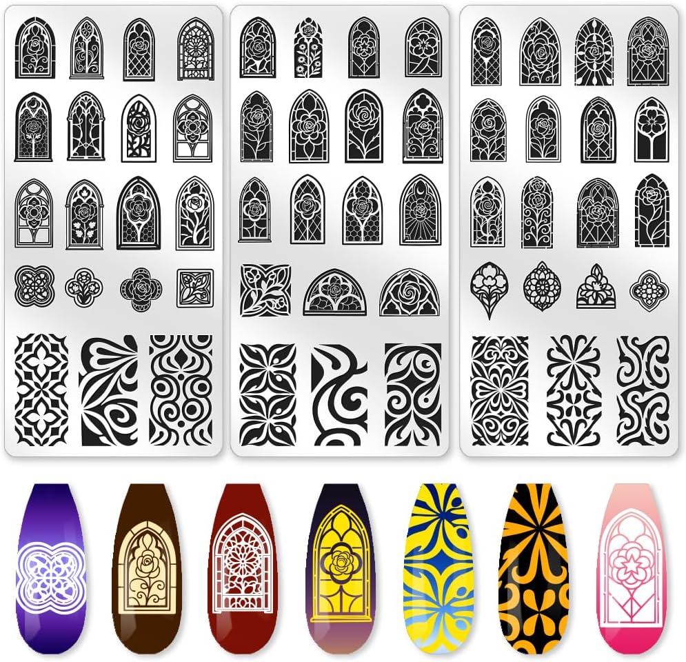 3Pcs Rose Window Nail Stamping Plate Flower Windows Nail Art Stamp Templates Stainless Steel Reusable Tools with Stamper Scraper for Manicure Printing