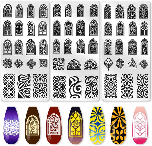 3Pcs Rose Window Nail Stamping Plate Flower Windows Nail Art Stamp Templates Stainless Steel Reusable Tools with Stamper Scraper for Manicure Printing