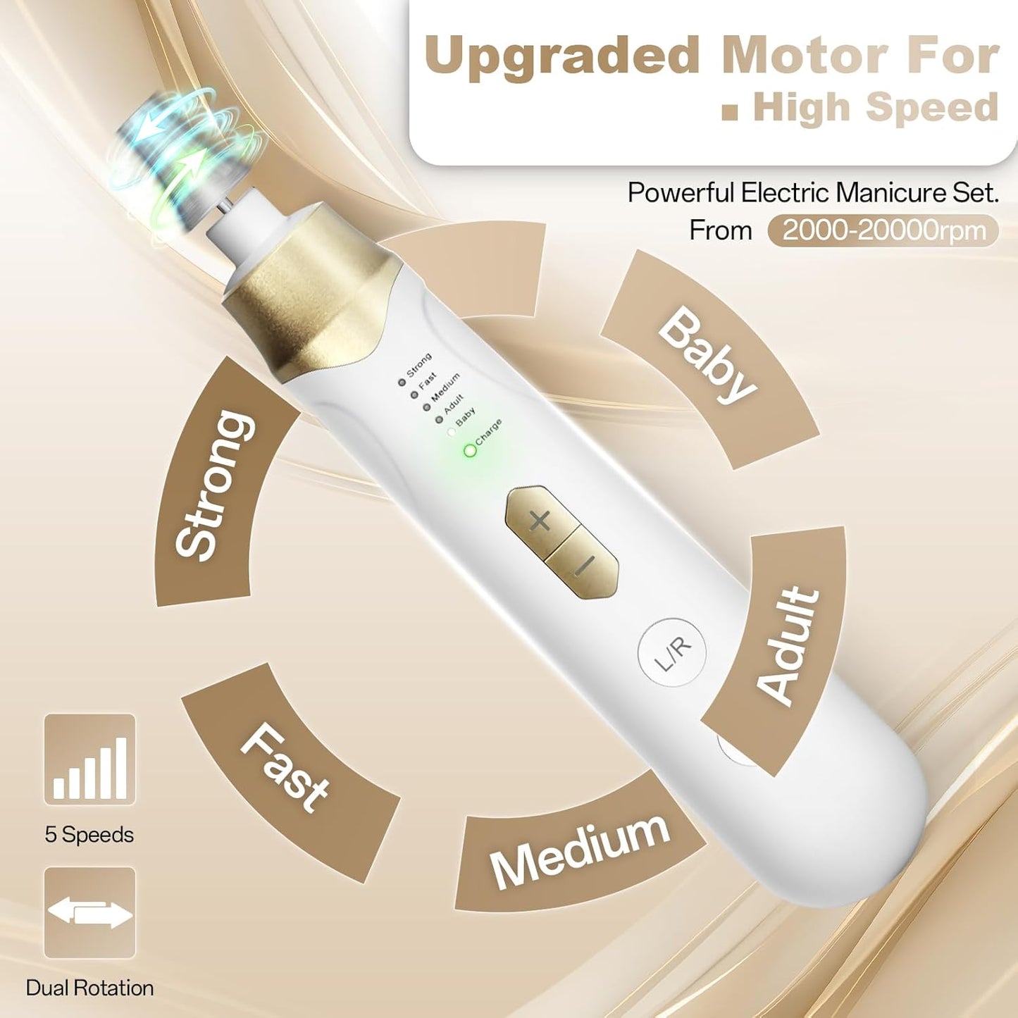 Electric Nail File Drill, Cordless 2000 mAh Rechargeable Nail Filer Electric, Portable Nail Dril Machine Drill for Nails Acrylic Manicure and Thick Toenails Buffer Grinder Care Professional (Golden)
