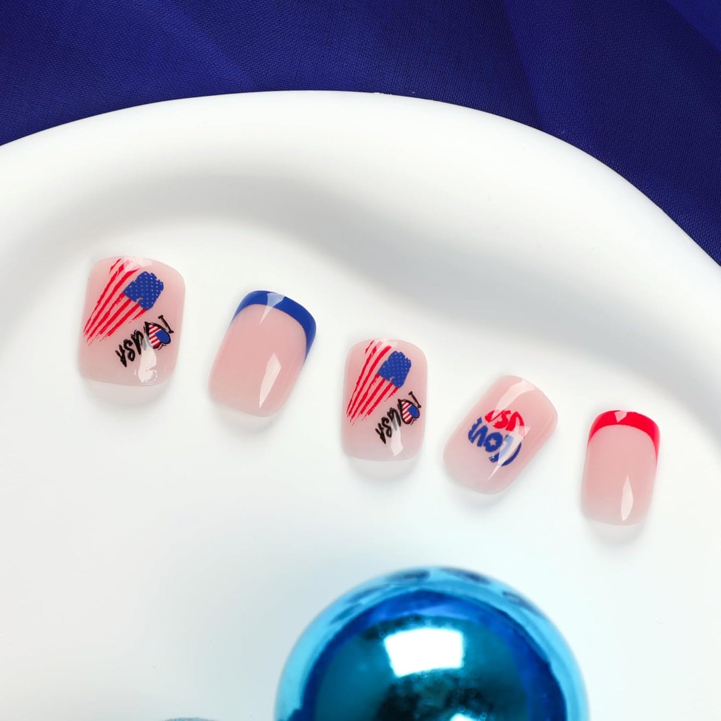 Independence Press On Nails Short Square, 4th of July Fake Nails, French Tip Design with Red, White, and Blue Accents, Glossy Gel Finish Acrylic Press Ons, Thick Reusable Glue On Nails for Women