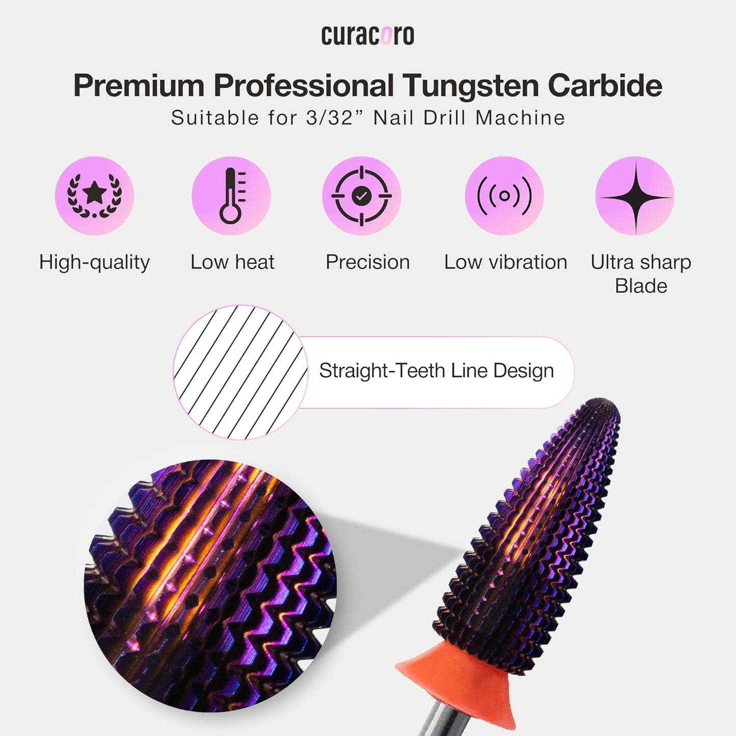 Curacoro Nail Drill Bits 3/32'' - Typhoon Bits, 2 Way, Carbide Bit (Fine) for Gently Removal of Gel Polish, Buffing to Smooth & Shiny Nails, Precise & Easy Control, Nail Art Salon & Home