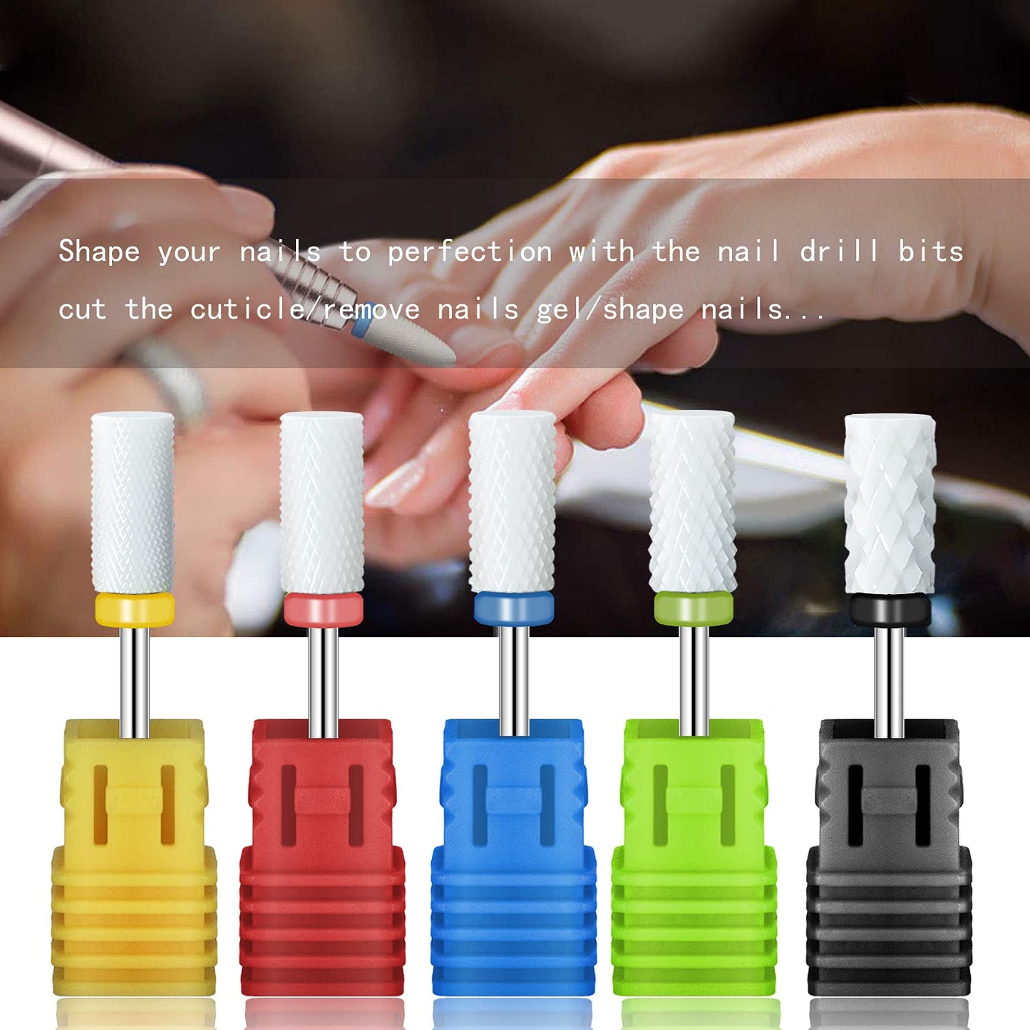 5 Size Professional Large Barrel Top Ceramic Nail Drill Bits Set with Holder for Electric Nail File Manicure Pedicure Acrylic Gel Polishing, 3/32'' (2.35mm)