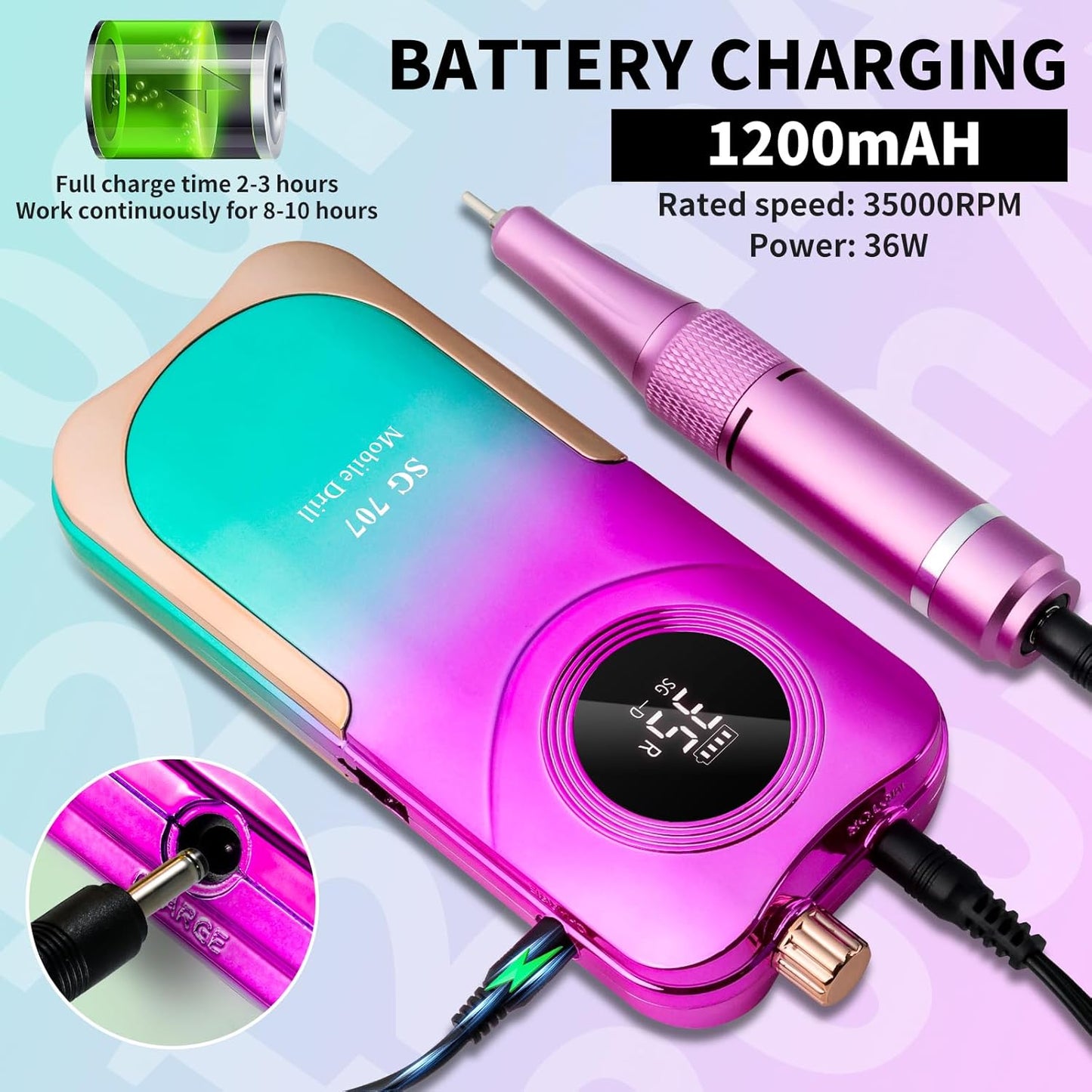 Professional Electric Nail Drill Kit 35000RPM with 14PCS Bits Purple Green Portable Rechargeable Cordless File Machine for Acrylic Gel Powder Nails and Manicure Pedicure Toenail Tool Salon Set