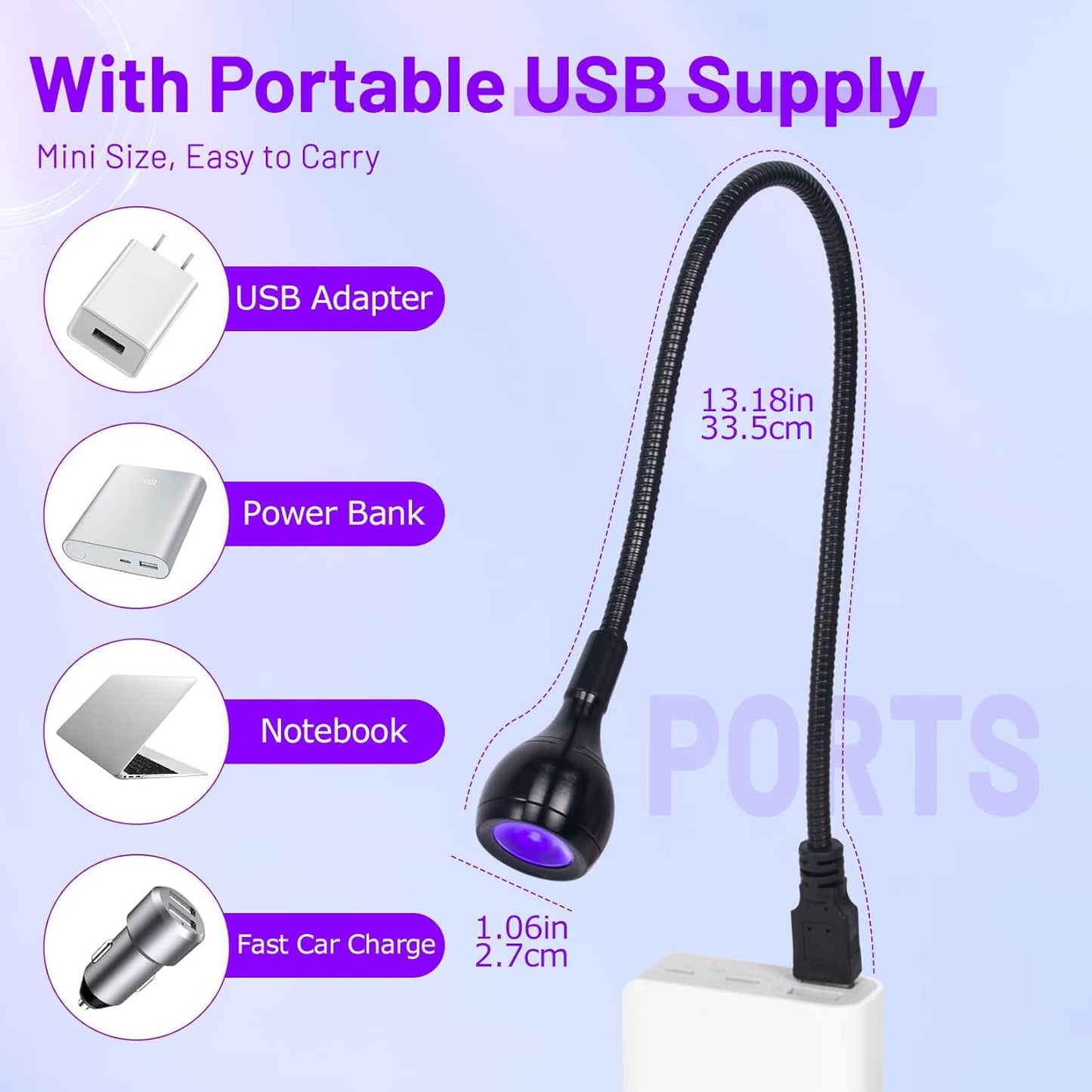 AORAEM LED Nail Lamp 3W LED Nail Portable Manicure Dryer Gel Polish Curing Light with Black Gooseneck Uv Light for Gel Nails Tips USB Plug Play Nails Salon and Home DIY