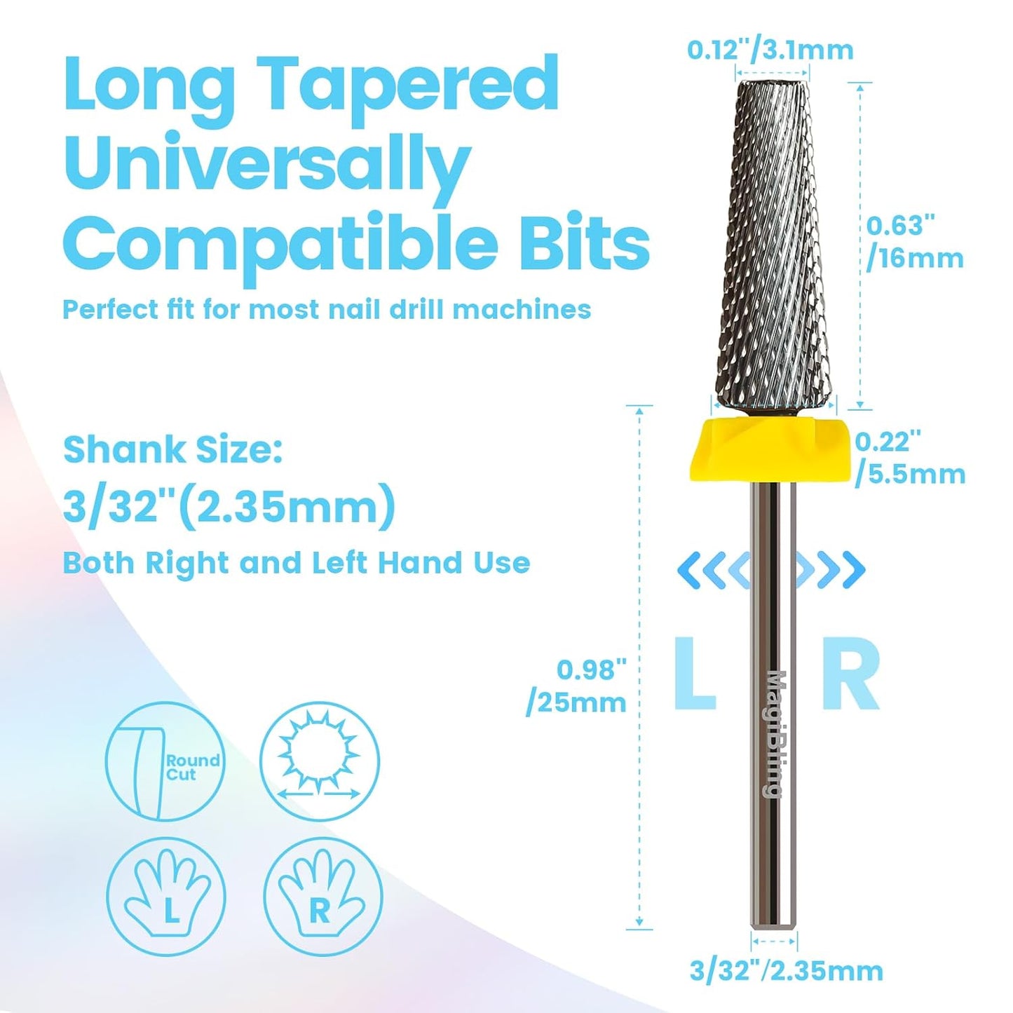 16mm 5 in 1 Tapered Barrel Nail Drill Bits, 3/32'' Safety Tungsten Carbide Bits, Right & Left Rotation, Manicure Cuticle Gel Acrylic Removal Polishing, Technicians Bits, Extra Fine.
