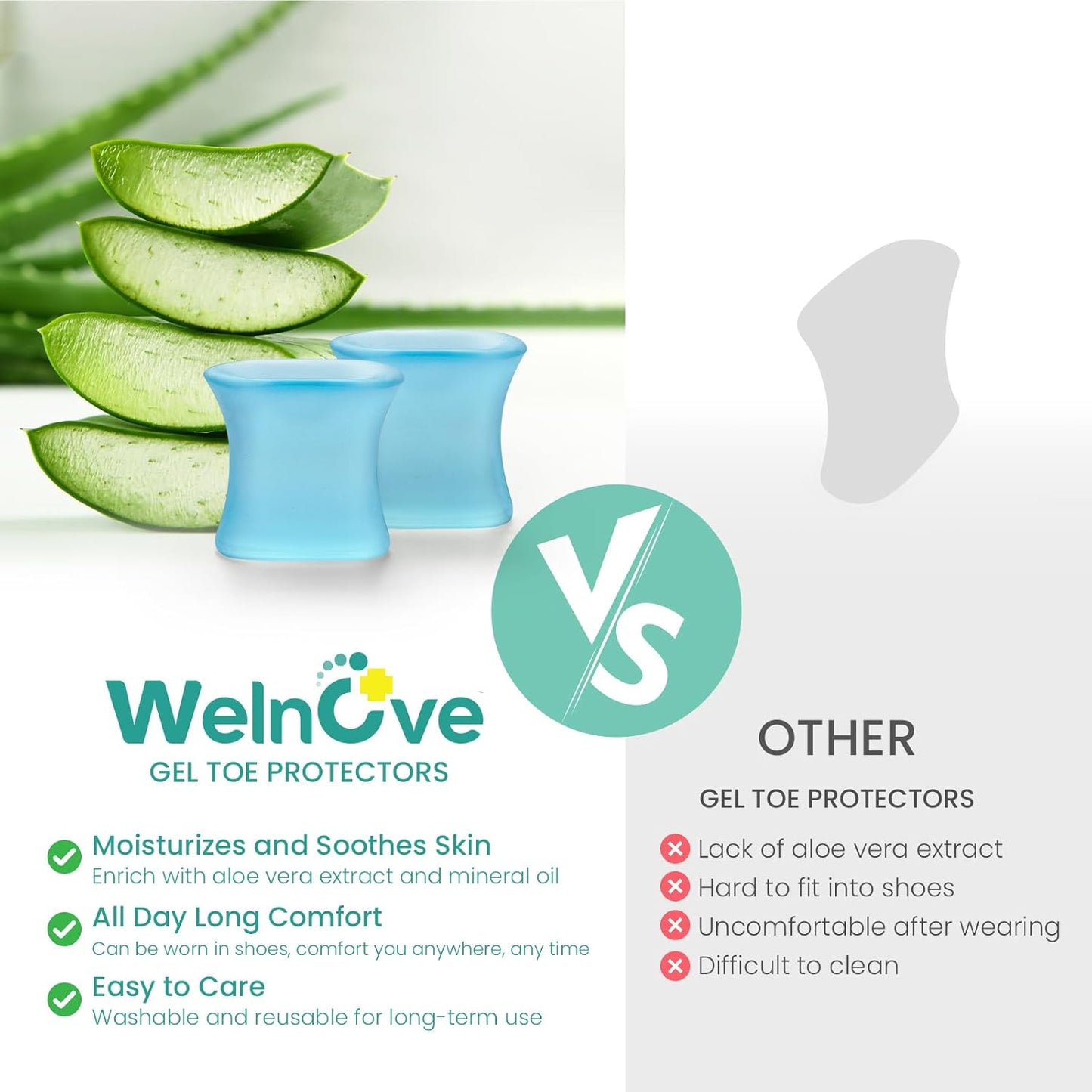 Welnove Upgraded Gel Toe Separators – 8-Pack Aloe Vera Extract Infused Silicone Toe Spacers for Straightening Overlapping Toes, Calluses – Bunion Corrector for Men and Women (Large, Blue)
