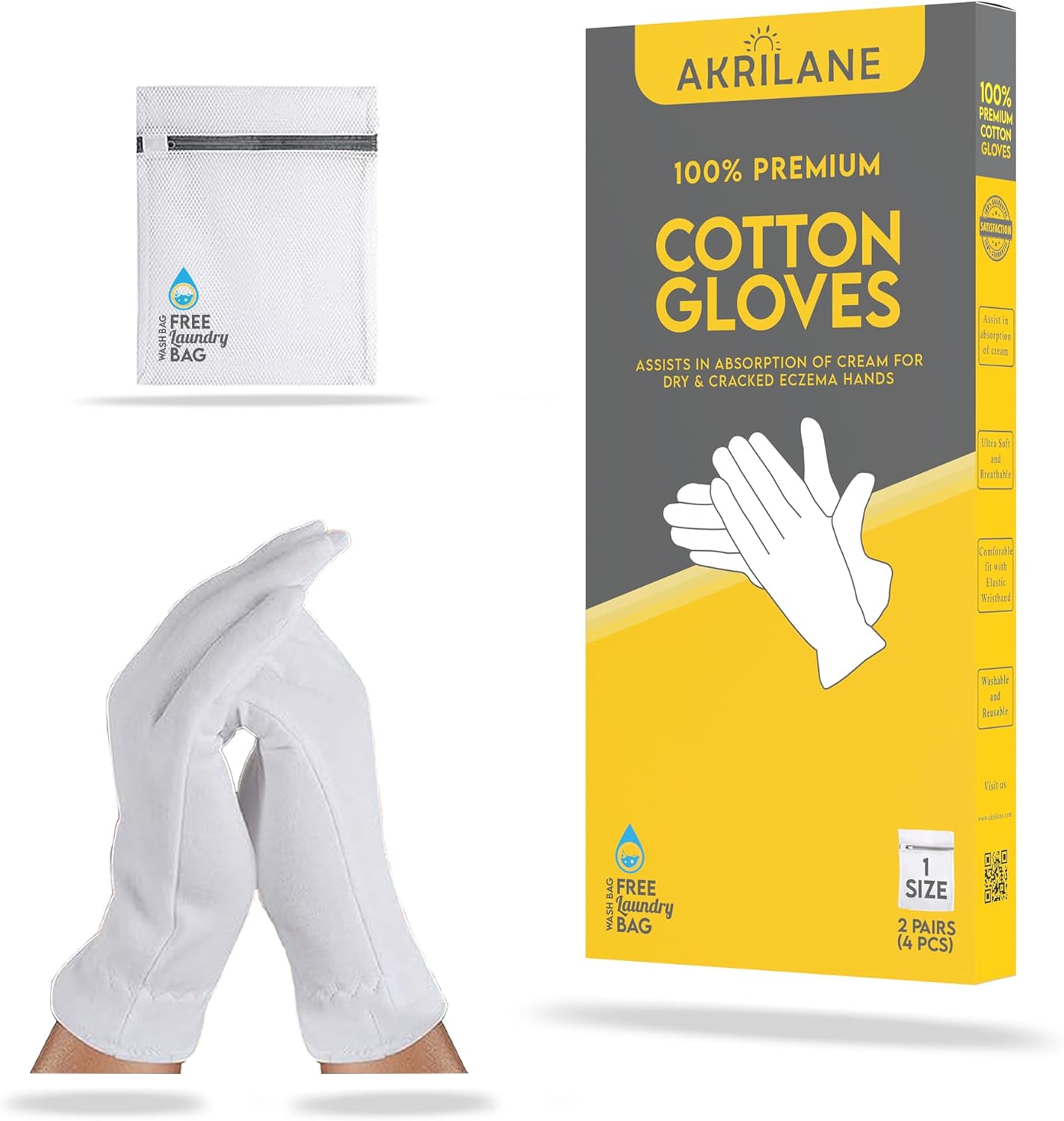 1 Size 2 Pairs 100% Premium Cotton Gloves for Dry Hands | Moisturizing Overnight Gloves for Eczema, Psoriasis & Skin Spa Treatment for Women & Men | Washable & Reusable with Free Laundry Bag