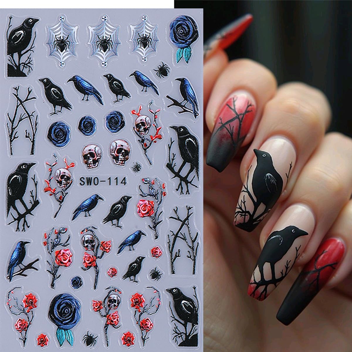 3D Horror Halloween Nail Art Stickers Decals Scary Skeleton Crow Spider Skull Nail Stickers with Spider Web Design Self-Adhesive Red Blue Rose Nail Decals for Women DIY Manicure 4 Sheets