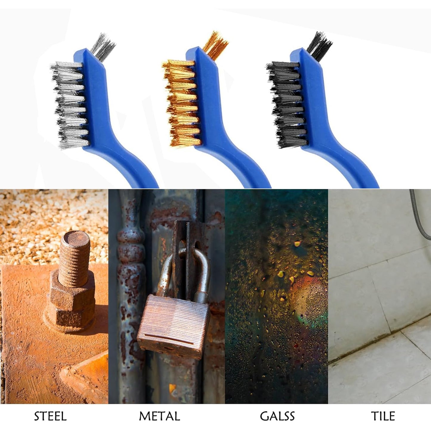 Wire Brush Set 3Pcs, Nylon/Brass/Stainless Steel Bristles with Curved Handle Grip for Cleaning with Curved Handle Grip for Rust Removal, Dirt, Paint Scrubbing Blue