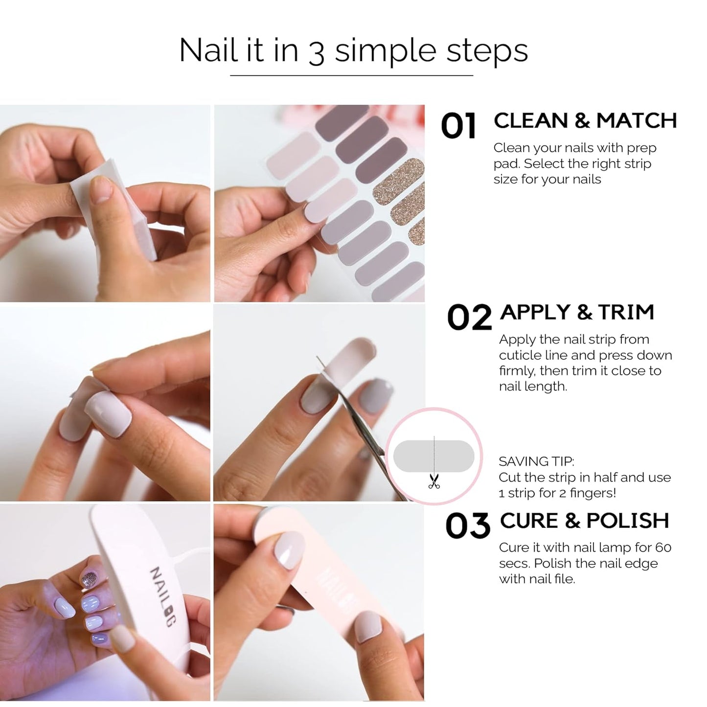NAILOG Semi Cured Gel Nail Strips (20 Extra Long Stickers/Wraps) | Buy 2 Get 1 UV Lamp| Glossy & Long Lasting Soft Gel Finishing, Blossom