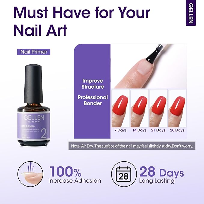 GELLEN Nail Primer No Lift 15ml Hema-Free Acid-free Primer Fast Air Dry Superior Protein Nail Prep Bond Foundation for UV Gel Nail Polish, Press-on Nails and Acrylic Powder Salon DIY Nail Supplies