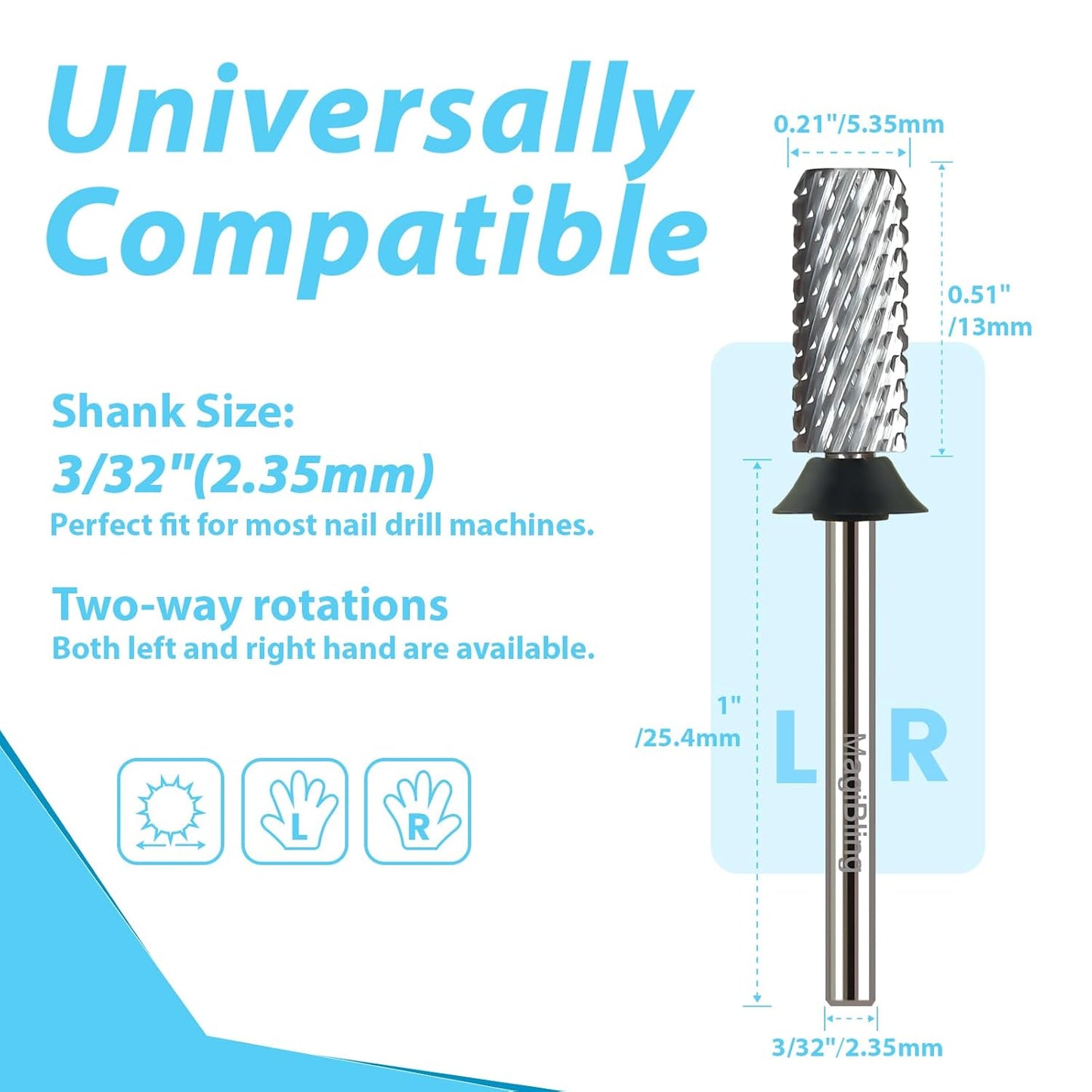 Professional Small Barrel Nail Drill Bits Flat Top, 3/32'' Safety Tungsten Carbide Bits, Two-Way Rotation, Soft and Hard Gel Removal Polishing, Tech and Beginner Bits, Extra Coarse.