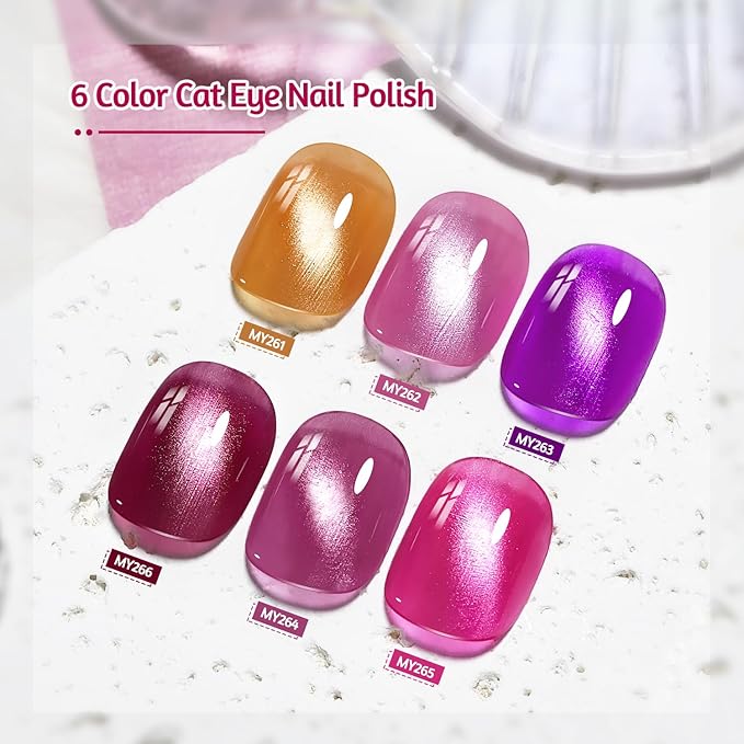 6 Colors 10ml Strawberry Molten Gold Cat Eye Nail Polish with Magnet Stick Quick Dry Nail Polish for Women Salon DIY Nail Art