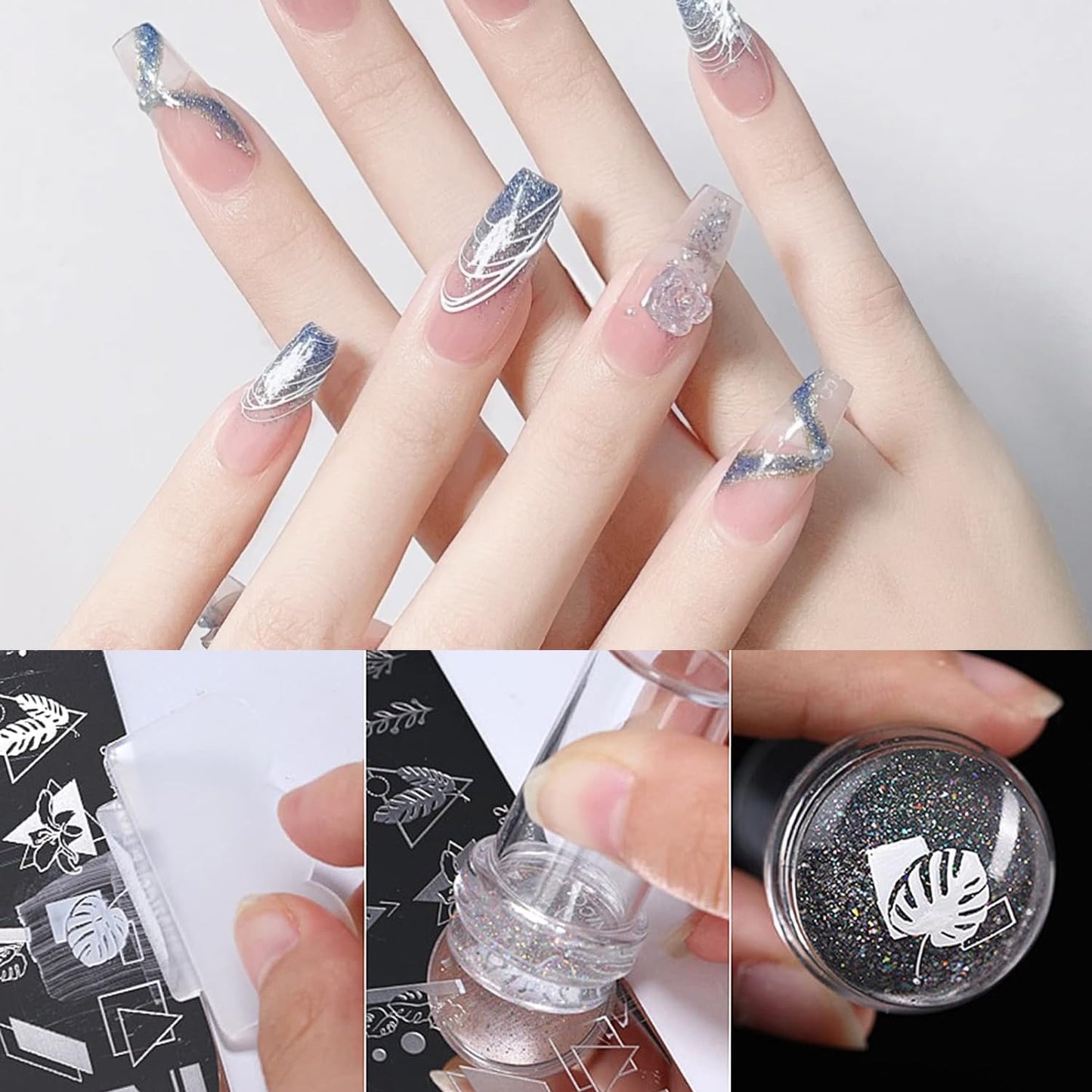 French Tip Tool Nail Stamp Silicone French Tip Nail Stamp Kit Clear Nail Art Stamper Nail Stamping with Scrapers and Nail Art Brushes for French Manicure Home DIY Salon