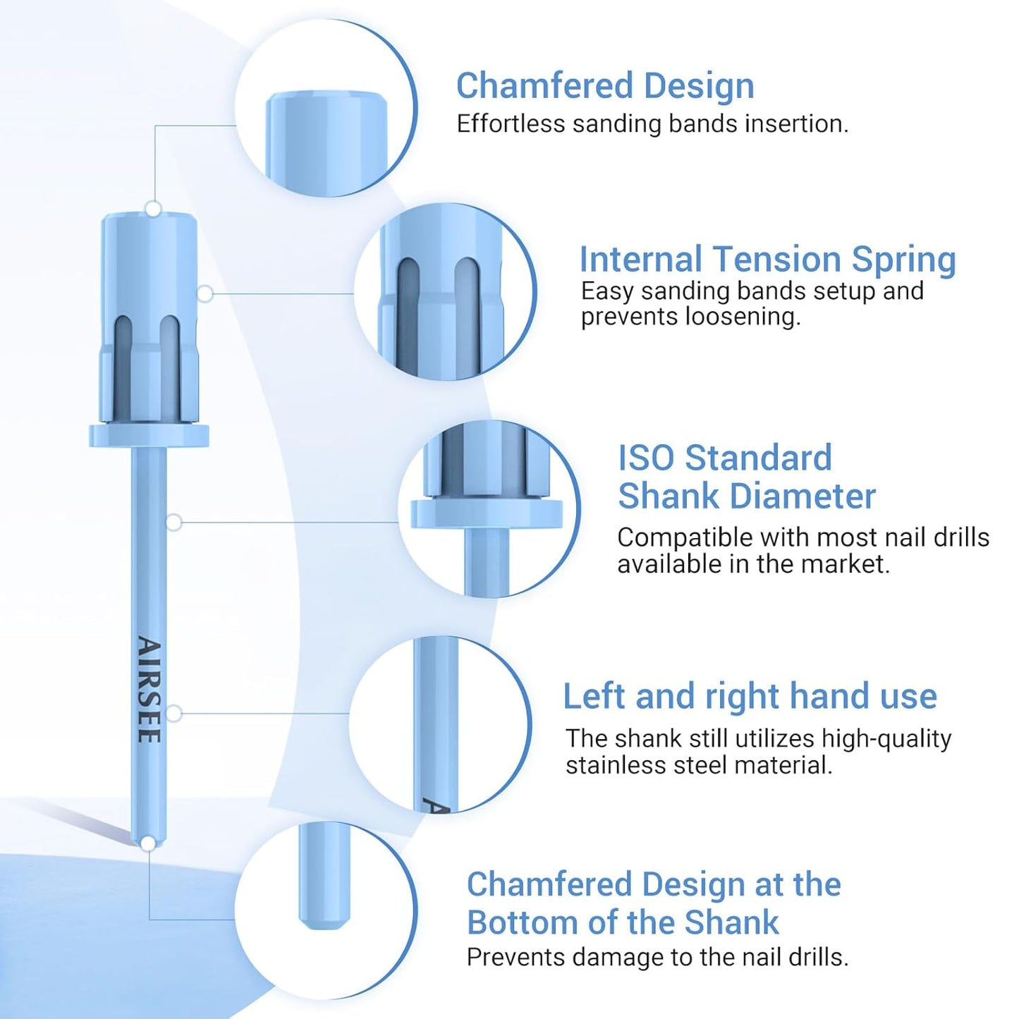 AIRSEE Nail Drill Mandrel Bit for Efile Sanding Bands, Stainless Steel Professional Electric File Head for Clean Cuticle Removing, Acrylic Tip Dead Skin Sander Remover Manicure Safety (Tranquil Blue)