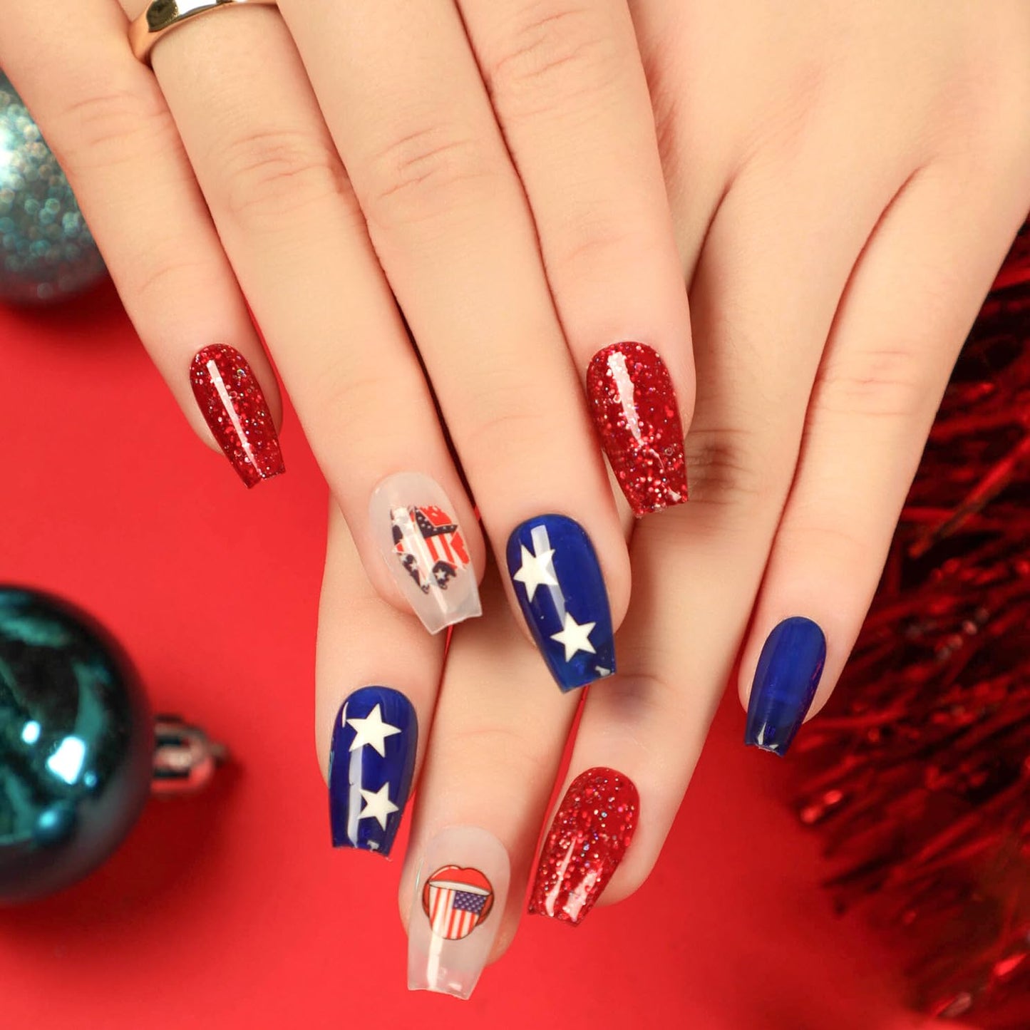 Independence Press On Nails Medium Coffin, 4th of July Fake Nails with Red, Blue, Stars, and USA Flag Accents, Glossy Gel Finish Acrylic Press Ons, Thick Reusable Glue On Nails Kit for Women, 24Pcs