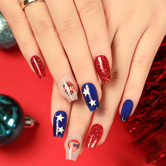 Independence Press On Nails Medium Coffin, 4th of July Fake Nails with Red, Blue, Stars, and USA Flag Accents, Glossy Gel Finish Acrylic Press Ons, Thick Reusable Glue On Nails Kit for Women, 24Pcs