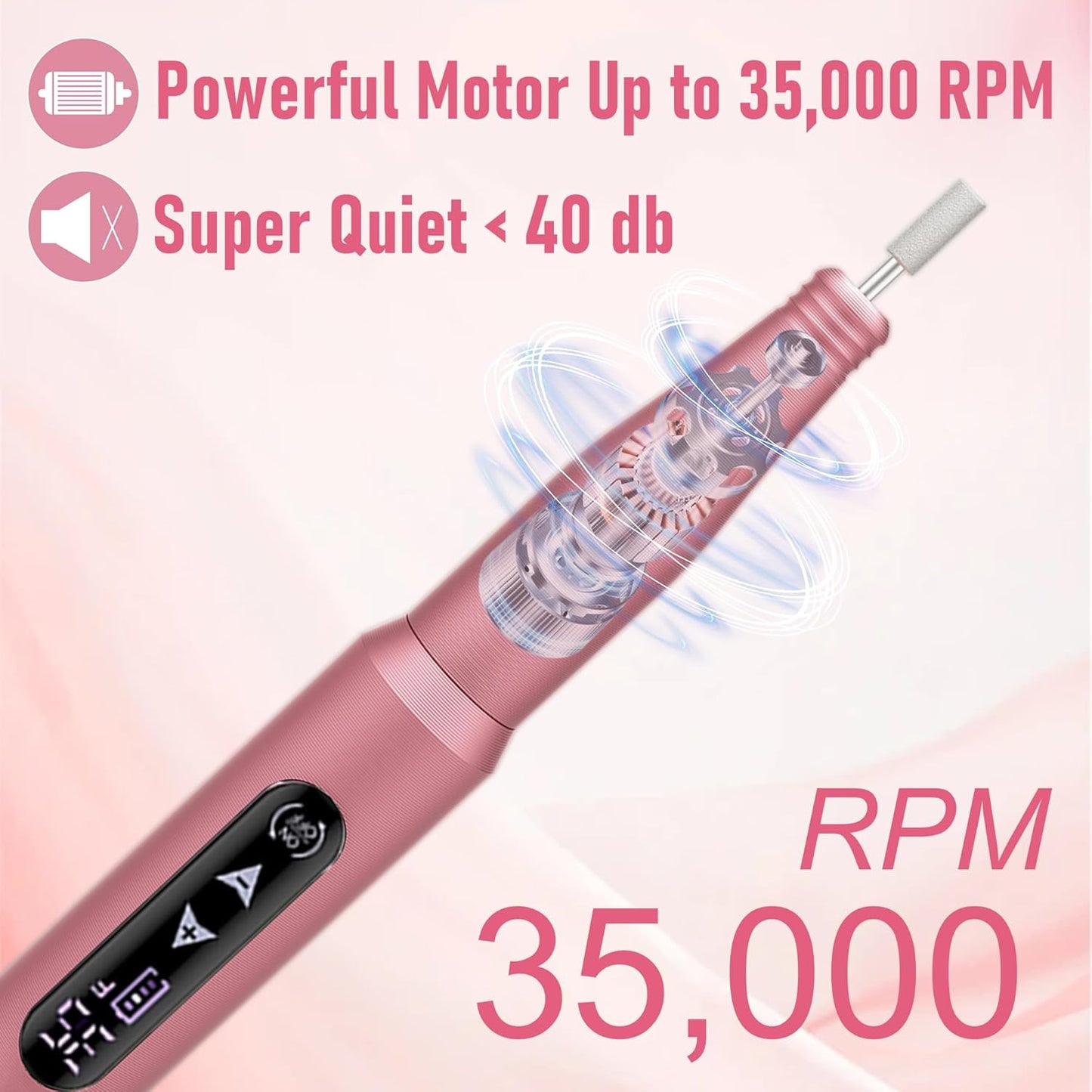 Nail Drill File Electric, 2-in-1 Touch Rechargeable Drill Nail, Cordless Manicure Pedicure Tools Polishing Machine Kit for Acrylic Gel Dip Powder with Nail Drill Bits Sanding Bands (A-105 Pink)