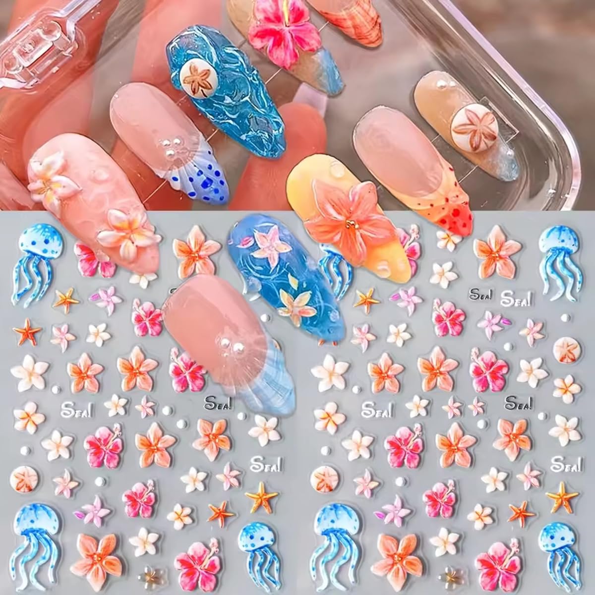Summer Flower Nail Art Stickers Decals Jellyfish 5D Embossed Nail Decals 2PCS Flowers Starfish Jelly Design Summer Nails Adhesive Sliders Flower Sticker for Nails Women DIY Manicure Decorations Supply