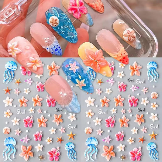 Summer Flower Nail Art Stickers Decals Jellyfish 5D Embossed Nail Decals 2PCS Flowers Starfish Jelly Design Summer Nails Adhesive Sliders Flower Sticker for Nails Women DIY Manicure Decorations Supply