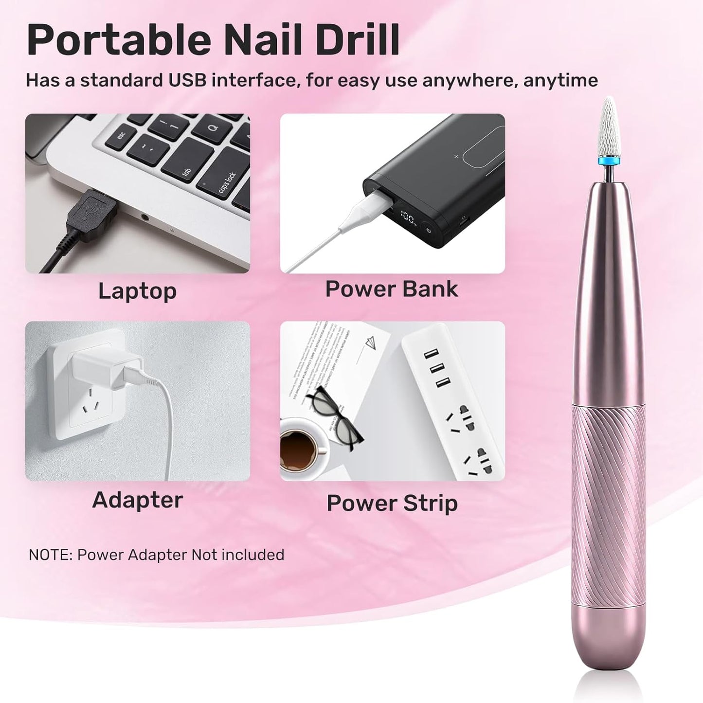 Portable Electric Nail Drill Machine Professional Kit, 23000 RPM Adjustable Speed, Nail Grinder Manicure Tool for Home Salon with Drill Bits Sanding Bands for Acrylic Gel Nails Pink