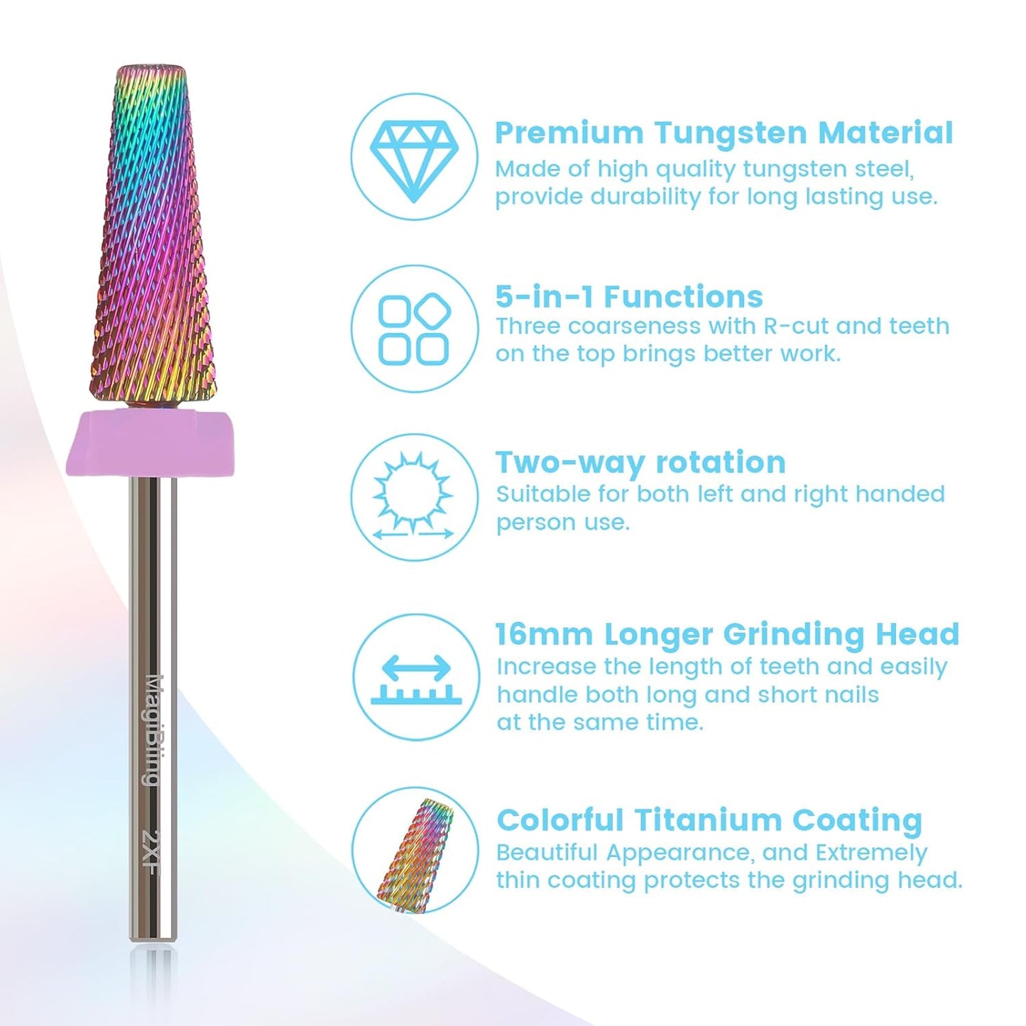 2xf 5 in 1 Nail Drill Bits, 16mm Tapered 3/32'' Professional Tungsten Carbide Bits for Efile, 2 Rotation for Electric Drill, Remove Thin Gel, Manicure Cuticle Gel Polishing, Techs Bits, Double Fine