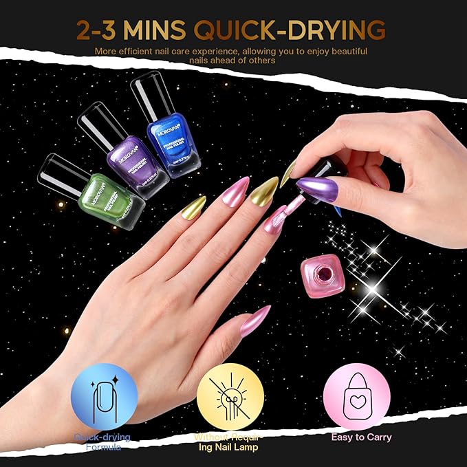 Morovan Metallic Chrome Mirror Quick Air Dry Nail Polish Set: Gold, Silver, Purple - 6 Colors, No UV Curing, Long Lasting, Safe & Healthy, Perfect for DIY Manicure