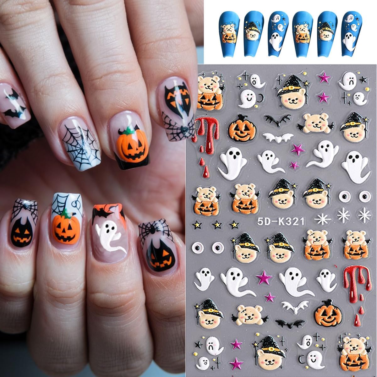 5D Embossed Halloween Nail Stickers for Nail Art Cute Ghost Nail Art Stickers Self-Adhesive Pegatinas Uñas Bear Pumpkin Fall Glitter Designs Spooky Skeleton Nail Decals Supplies for Nail Decoration