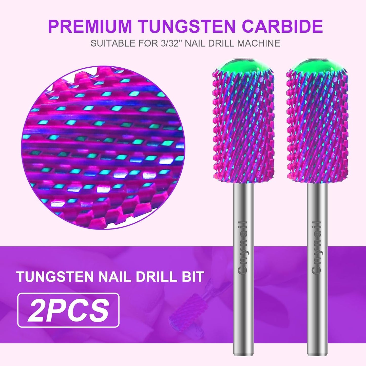3/32" 2PCS Large Barrel Smooth Round Top Tungsten Carbide Nail Drill Bit Safety Bit for Gel & Acrylic Removal, 2-Way Rotating Efile Tip, Salon Electric File Accessory (C Grit, Purple)