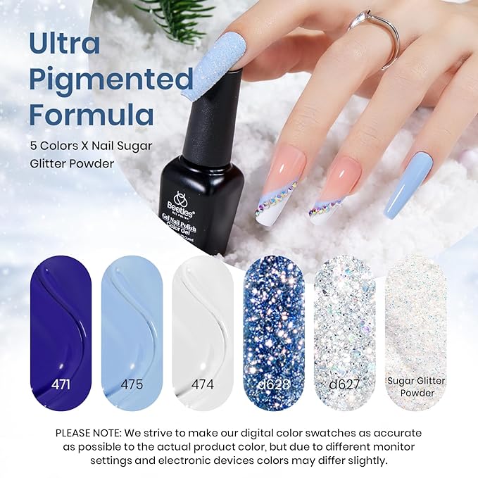 Beetles Gel Polish Winter Christmas Gel Nail Polish Set 5 Colors Dark Blue Glitter White Light Blue Silver Gel Polish Kit with Nail Sticker Soak off UV LED DIY Gifts for Women Sparkling Snow