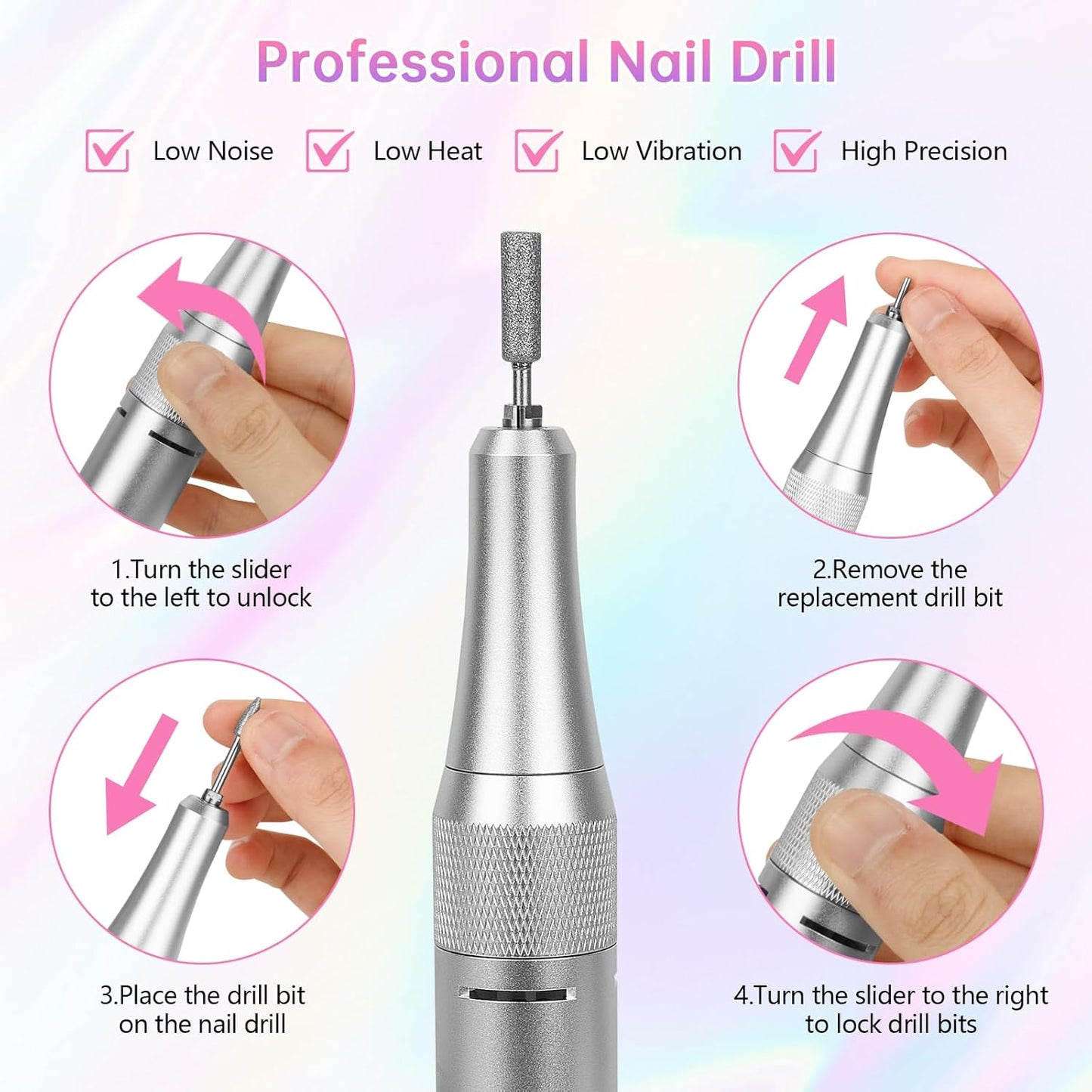 Electric Nail Drill - 45000RPM Portable Nail Drill丨Rechargeable Nail E-File Kit with 11 Bits & Base丨LED Screen丨Ultra-Silent, Rechargeable Nail Drills Machine for Acrylic Nails Gel Polishing(Pink)