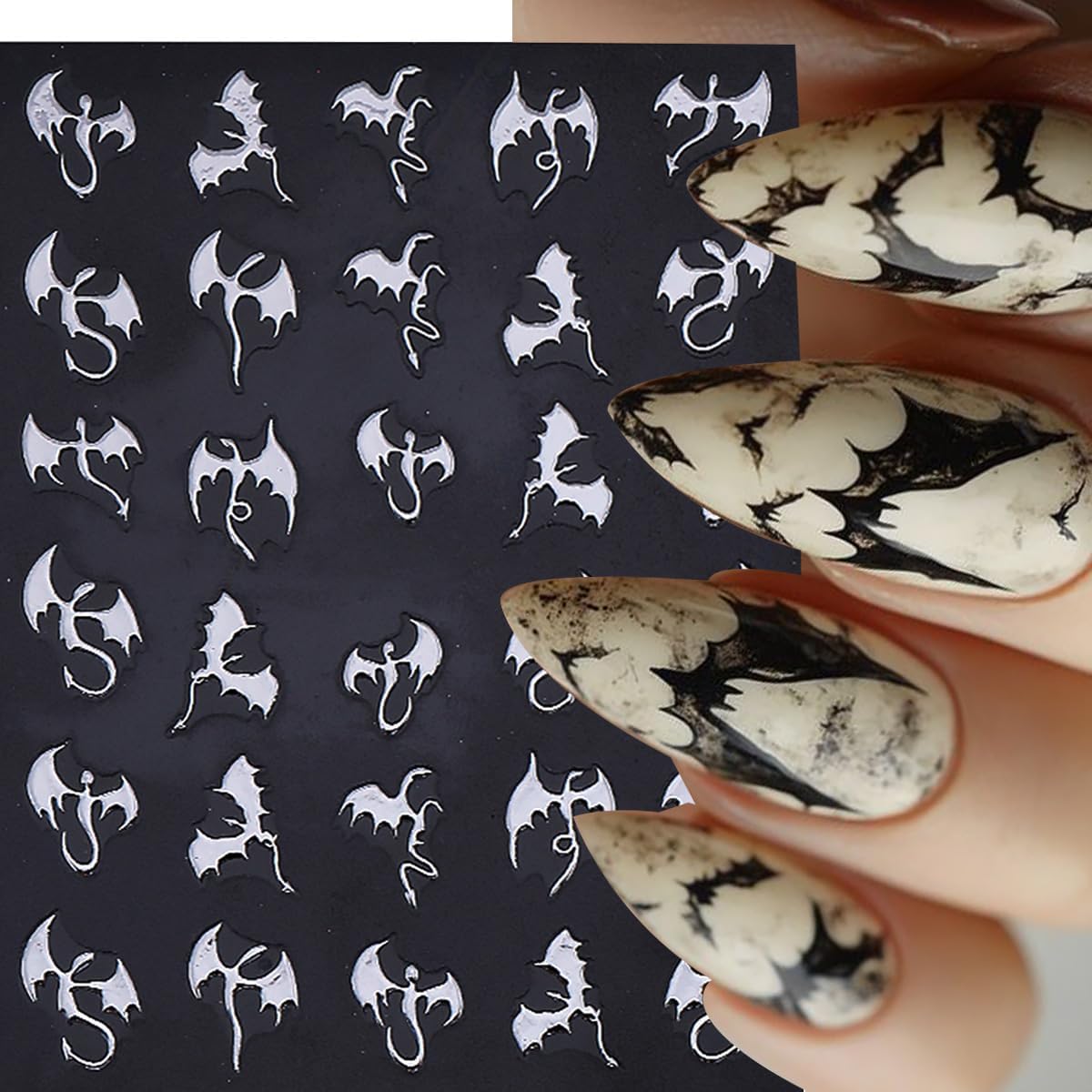 6 Sheets Halloween Bat Nail Stickers for Nail Art Glitter Laser Gold Silver Nail Decals 3D Self-Adhesive Gothic Dragon Nail Design Stickers Holiday Nail Art Supplies for Women DIY Women