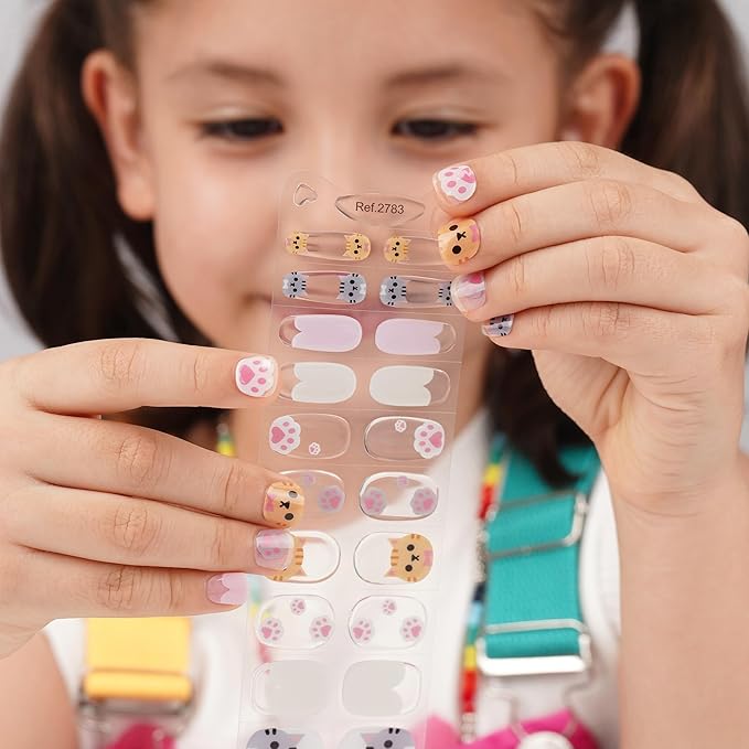DANNI & TONI Kids Gel Nail Strips Cat Paws Pink Salon-Quality Peel & Stick Manicure for Children (Age 6+)– Safe, Long-Lasting, Easy to Apply |Paw Pals