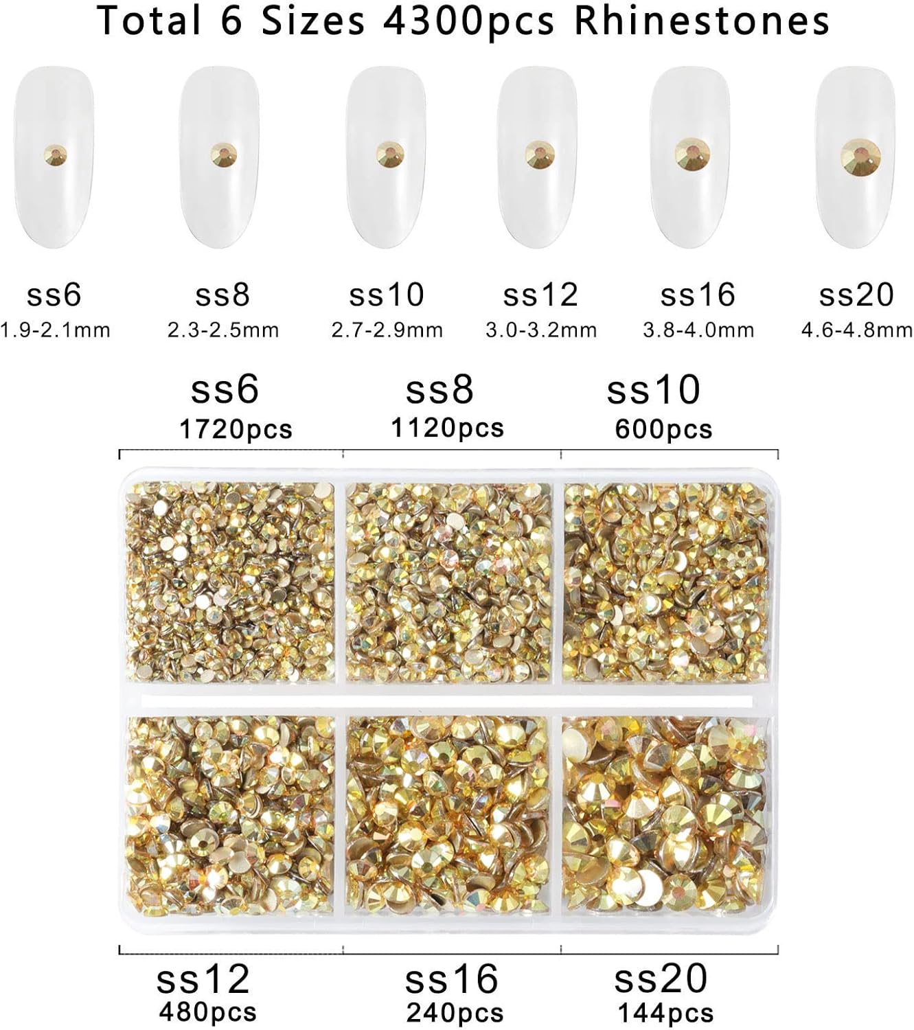 Beadsland 4300pcs Flatback Rhinestones,Gold Rhinestone Nail Gems Round Crystal Rhinestones for Crafts,Mixed 6 Sizes with Picking Tweezers and Wax Pencil Kit, SS6-SS20,Metal Sunlight