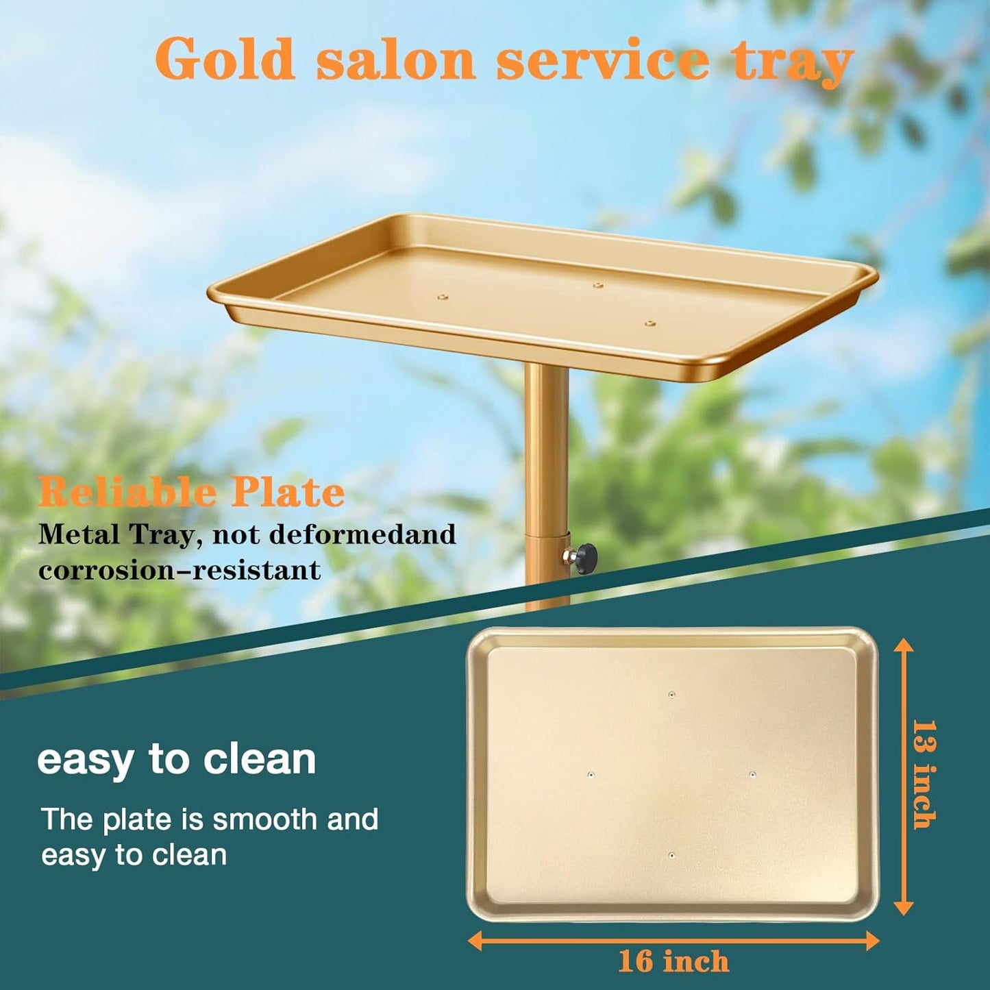 Salon Tray, Gold Salon Rolling Tray, Height-Adjustable, Also Use as Tattoo Tray and Dental Tray（Golden）