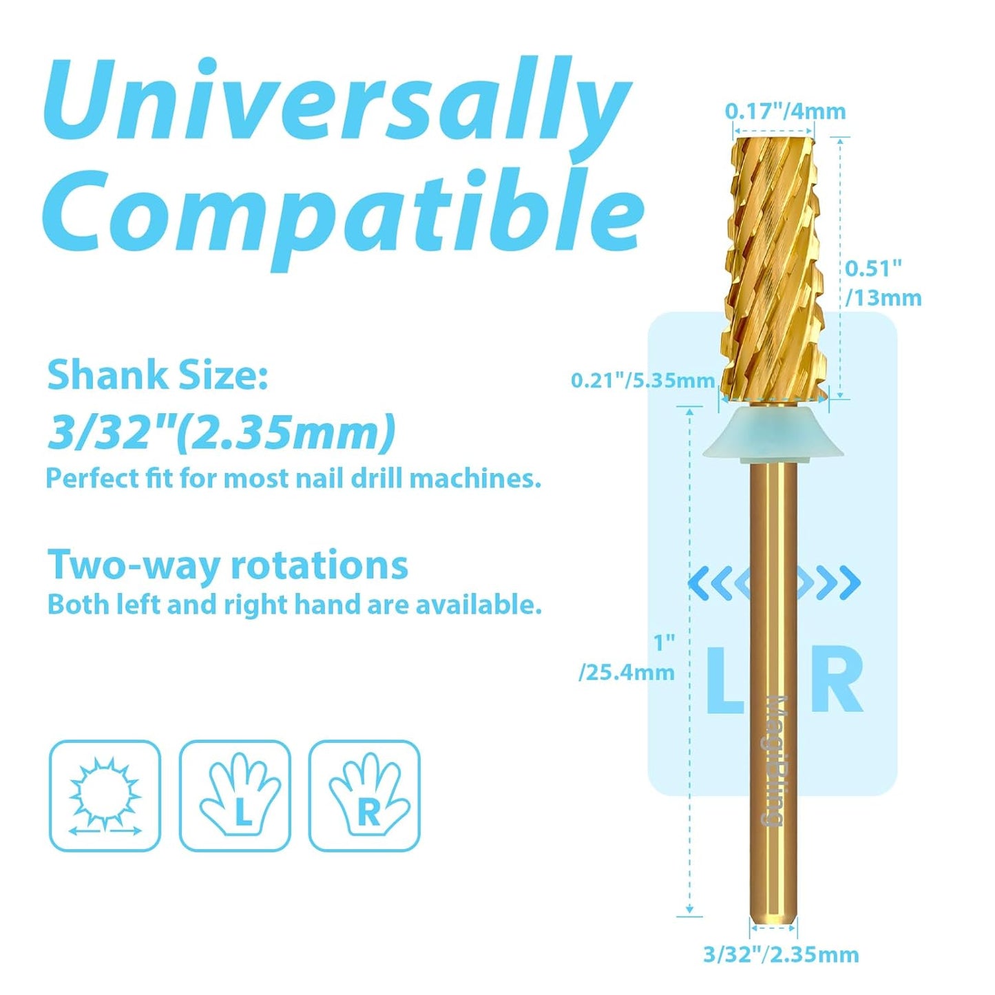 Tungsten Carbide Cross Cut Small Tapered Barrel Nail Drill Bits, Professional 3/32'' Safety Bits, Both Hands Use, Remove Gel Fast, Manicure Pedicure Cuticle Gel Polishing, Quadruple Coarse.