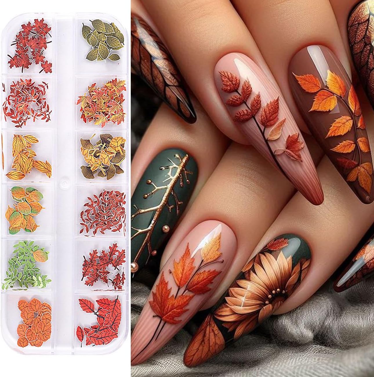 Fall Maple Leaves Nail Sequins 3D Autumn Fallen Leaf Flower Nail Art Flakes for Acrylic Nails Mixed Maple Leaf Wood Pulp Slice Glitter Nail Flake Design for Women DIY Thanksgiving Manicure Decor