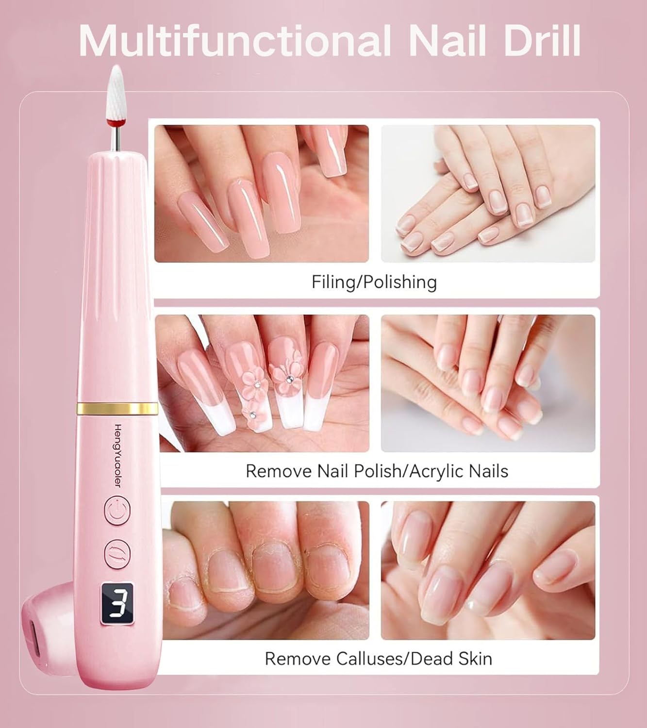 Electric Nail Drill Machine File Efile Set for Acrylic Gel Nails Portable Nail Drill Machine Kit Rechargeable Pedicure Tools for Hand Feet Manicure Pedicure Tools Polishing Set (Pink)