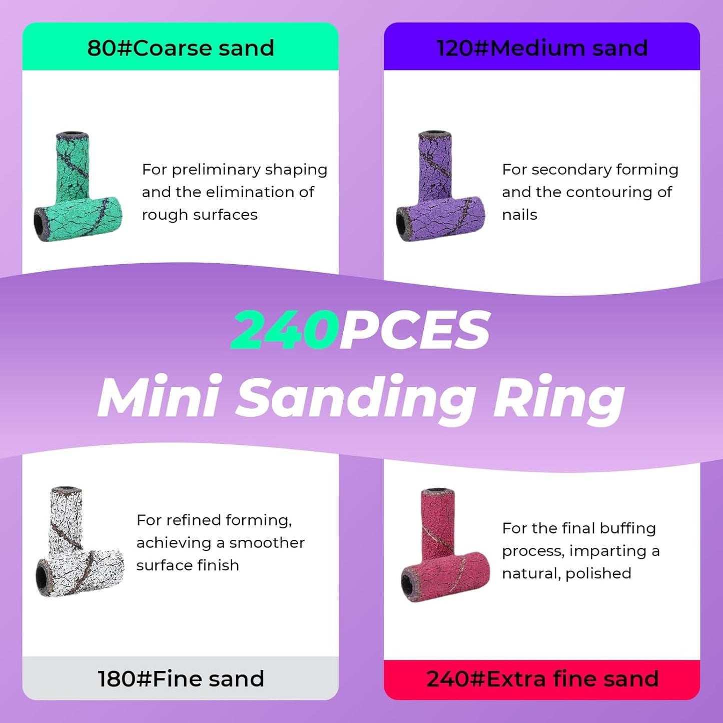 242PCS Fine Grit Sanding Bands for Nail Drill Set, 80/120/180/240 Grit Bits with 3 Mm Mandrel Bit for Acrylic Nails Gel Manicures and Pedicure