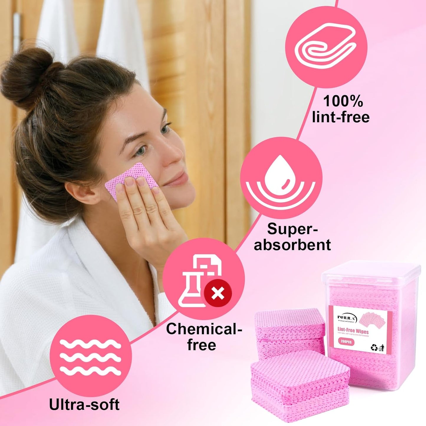 NXJ INFILILA Lint Free Nail Wipes, 400PCS Nail Polish Remover Wipes Super Absorbable Soft Lint Free Cotton Pads Lash Extensions Glue Nails Cleaning Pads for Salon Supplies