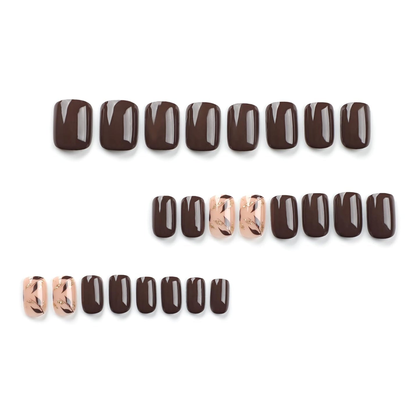 Dark Brown Press on Nails Short Square Fake Nails with Golden Leaf Accents Glitter Designs, Glossy Gel Finish Acrylic Short Fake Nails, Thick Natural Glue on Nails Kit for Women, 24Pcs