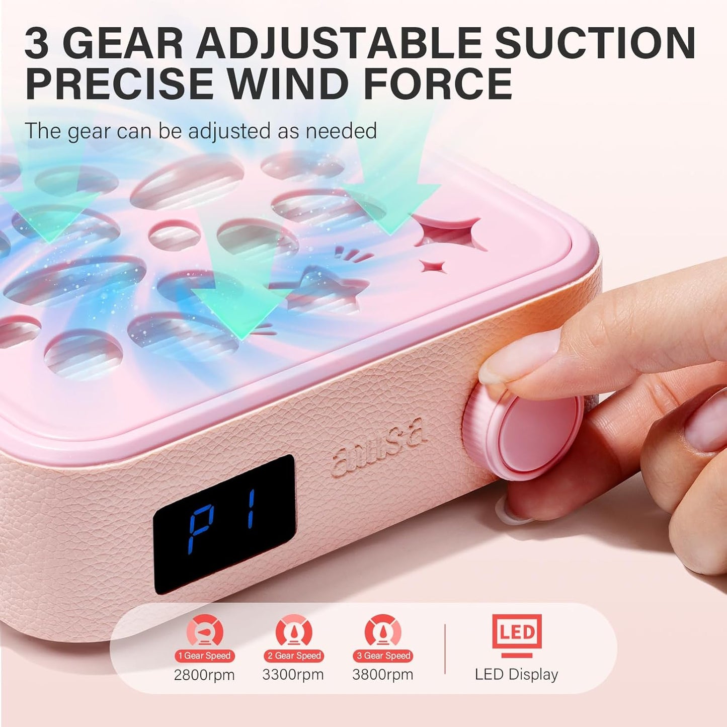 Aillsa Nail Dust Collector: Professional Powerful Suction Dust Collector Nail Tech Adjustable Speed with LED Display & Brush & Filter Paper for Acrylic Gel Nail Polish Manicure Salon & Home Use（Pink）