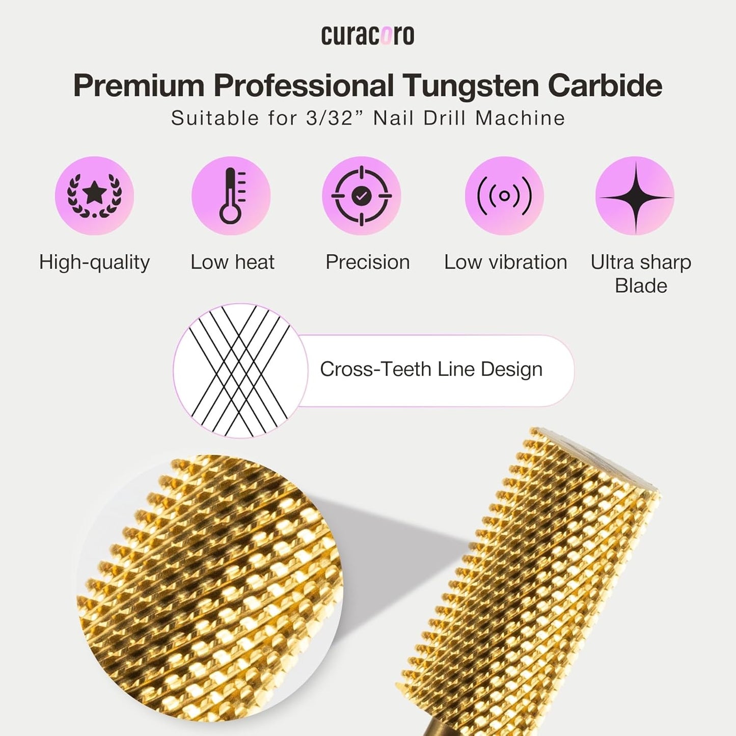 Curacoro Nail Drill Bits 3/32'' - Safe Smooth Stop Large Barrel Carbide Bit (Medium) for Professional Finish, Fast Remove, Refine & Smooth Acrylic or Gel Nails, Nail Art Pedicure Manicure Salon & Home