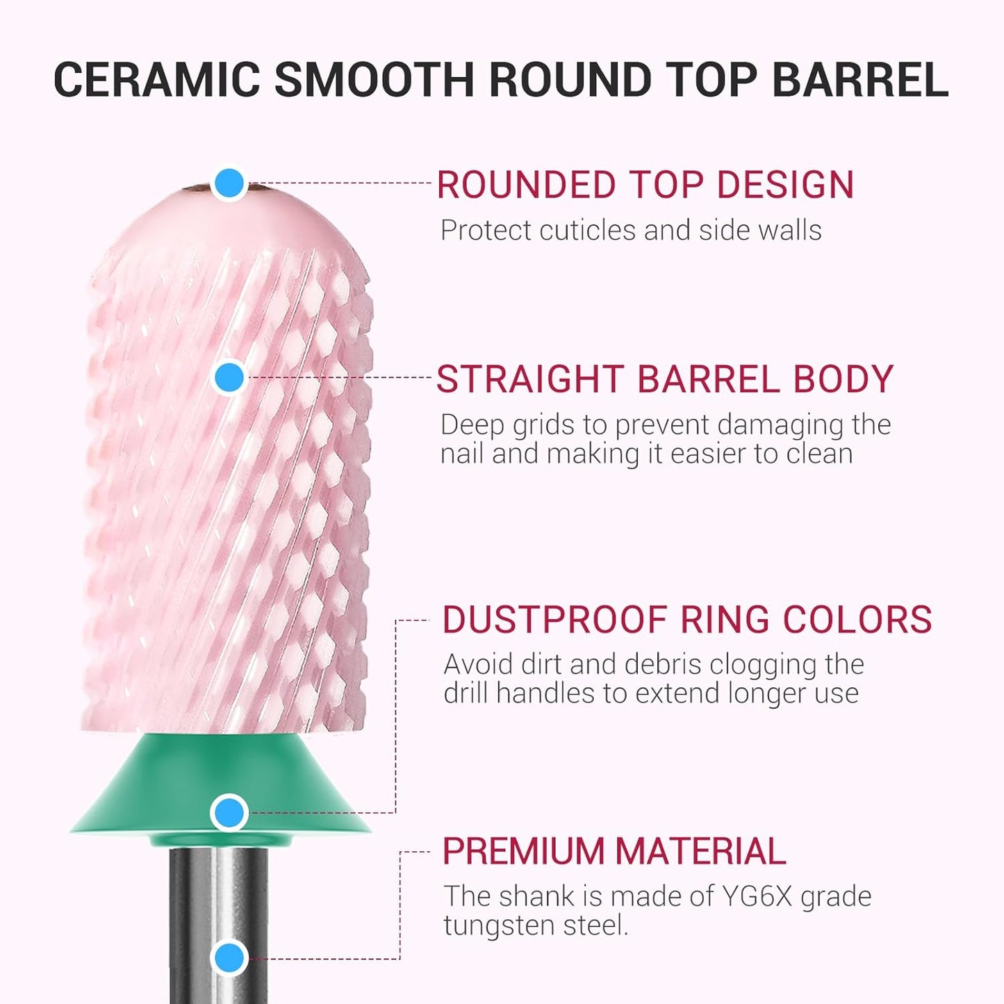 MelodySusie Ceramic Nail Drill Bit, 3/32'' Smooth Round Top Large Barrel Bits, Suitable for Manicure Pedicure Cuticle Gel Polishing, Beginners Bits, Pink, Series Bit-S, Coarse