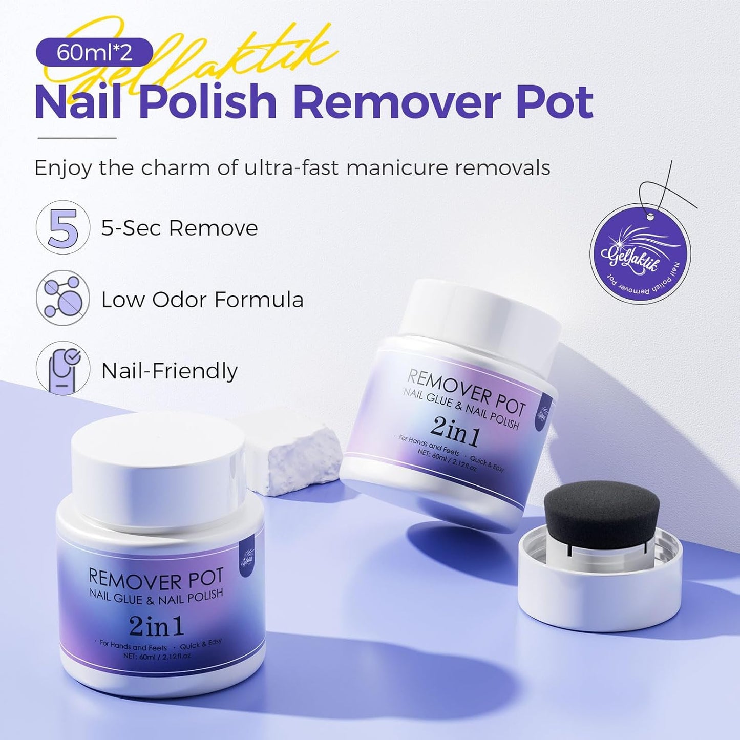 Nail Polish Remover Pot - 2 Pack Acetone-Free Sponge Soaker with Lid, 5-Second Fast Removal for Regular Nail Polish at Home, Salon & Travel